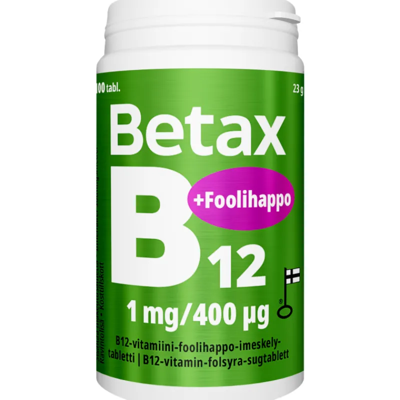 b12-vitamiini-foolihappo-beta-upGCElfG-0.webp Betax Terveysravinteet Ja -valmisteet^B12-vitamiini + Foolihappo 100 Kpl