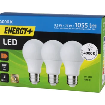 Energy+ Lamput-LED-lamppu 1055 Lm A60 E27 4000K, 3 Kpl