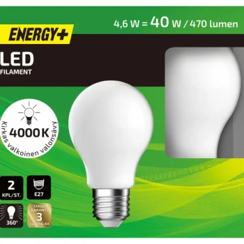 Energy+ Lamput-LED-lamppu 470 Lm 4000K A60 E27 2 Kpl