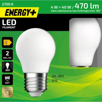 Energy+ Lamput-LED-lamppu 470 Lm G45 E27 2700 K, 2 Kpl