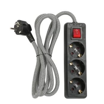 Airam Jatkojohdot-Maadoitettu Jatkojohto + Kytkin 3-osaa, Tekstiilijohto 2 M, Mustat Päät