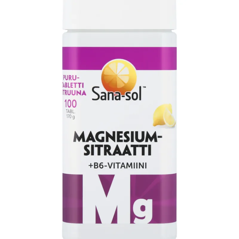 magnesiumsitraatti-b6-sana-so-fpDWUeCJ-0.webp Sana Sol Terveysravinteet Ja -valmisteet^Magnesiumsitraatti + B6 Sana-sol 100 Kpl 170 G